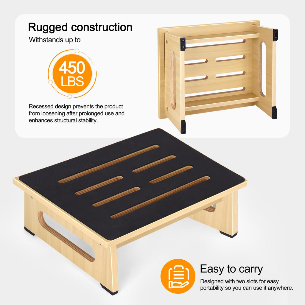 One Step Stool for Adults Seniors with Non-slip Rubber Step Surface, 5.5" Heavy Duty Wooden Stepping Stools with 450 Lbs Capacity for Bedroom