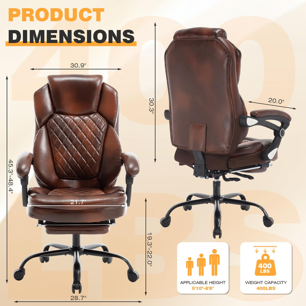 Linting 400lb Leather Reclining Office Desk Chair with Foot Leg Rest Brown, Large(400lbs), Wine Red