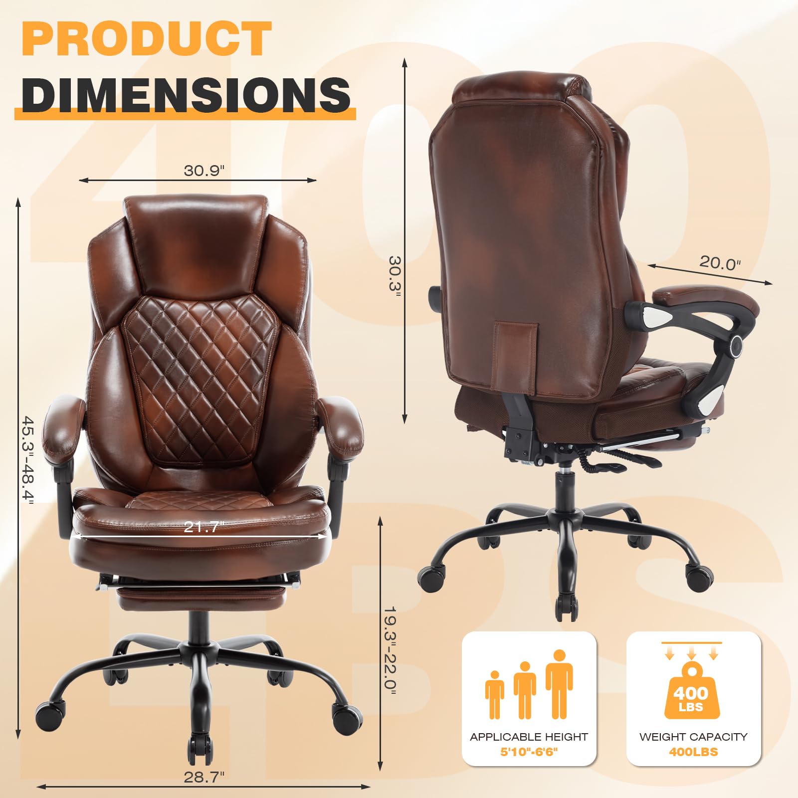 Linting 400lb Leather Reclining Office Desk Chair with Foot Leg Rest Brown, Large(400lbs), Wine Red