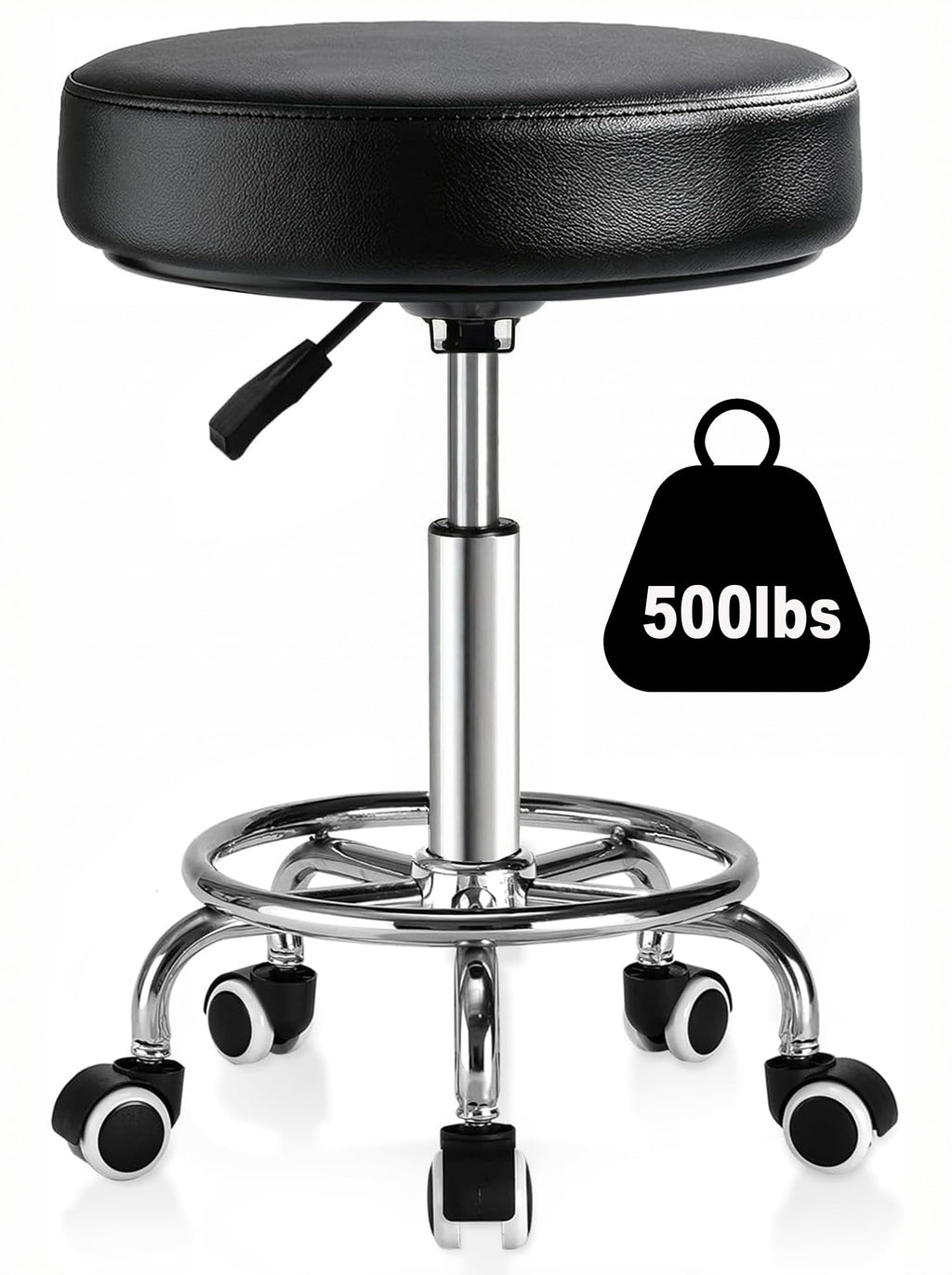 Adjustable Rolling Stool with Wheels 500lb,thick 9.5cm Cushion,30-second Assembly,heavy Duty Round Rolling Stool with Footrest,patent Leather