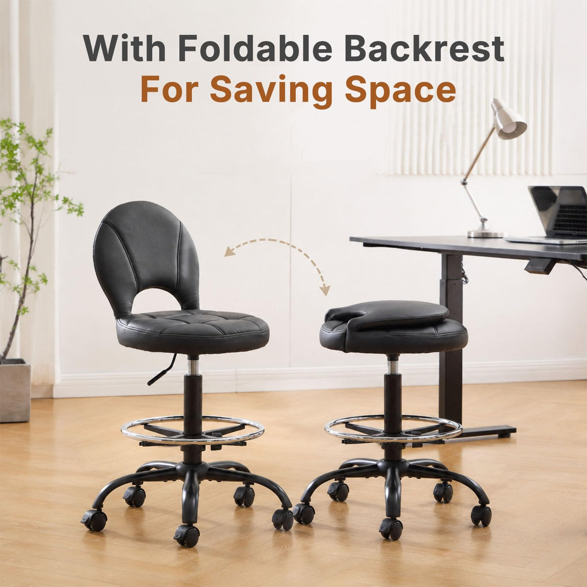 Manyday Drafting Chair with Folding Back | Comfy Office Chair with Wheels, 31.1-37.4 inches, Black