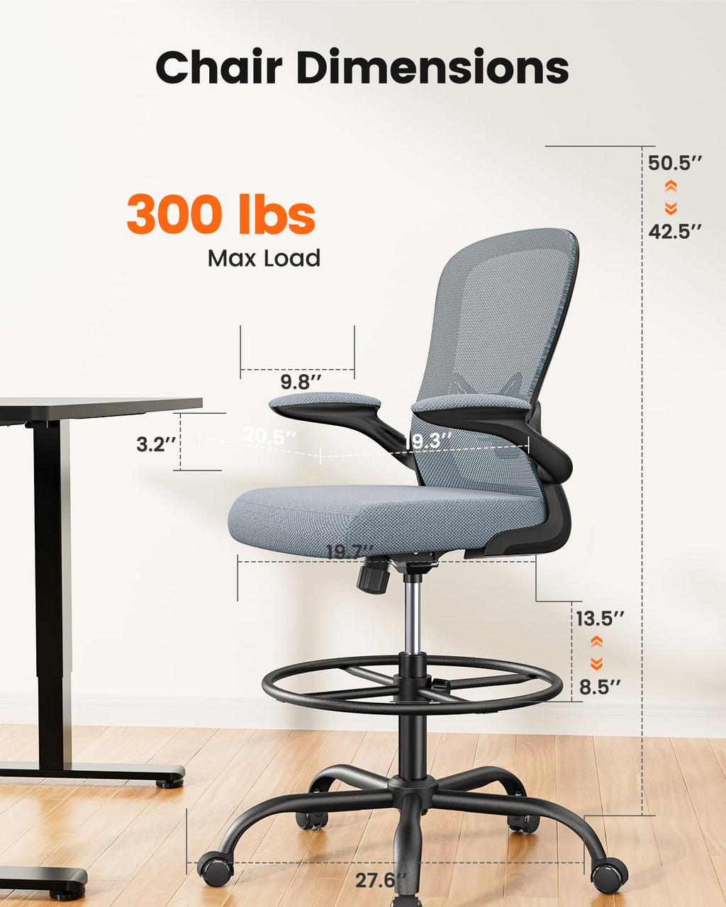 Ergear Drafting Chair,tall Office Chair with Flip-up Armrests, High Desk Chair Adjustable Height and Adjustable Footrest Ring, Ergonomic