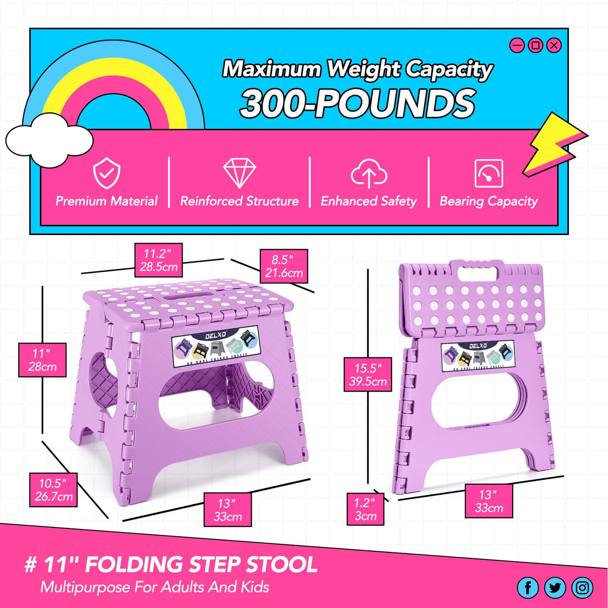Delxo Folding Step Stool 11 Inch,300 Lbs Step Stool for Kids&adults Purple, Light Purple