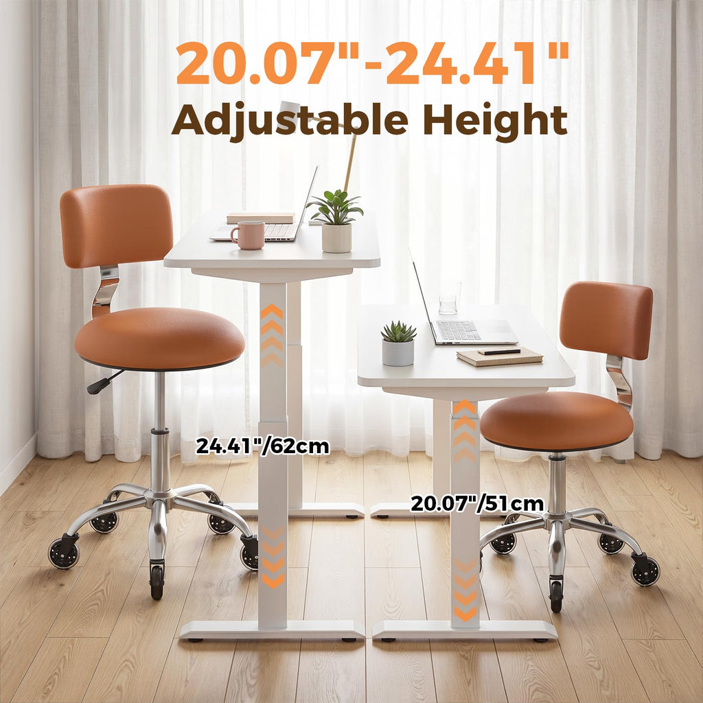 Rolling Stool Chair with Wheels, Office Drafting Chair with Back Support, Height Adjustable Standing Desk Stool with Pu Leather Cushion for