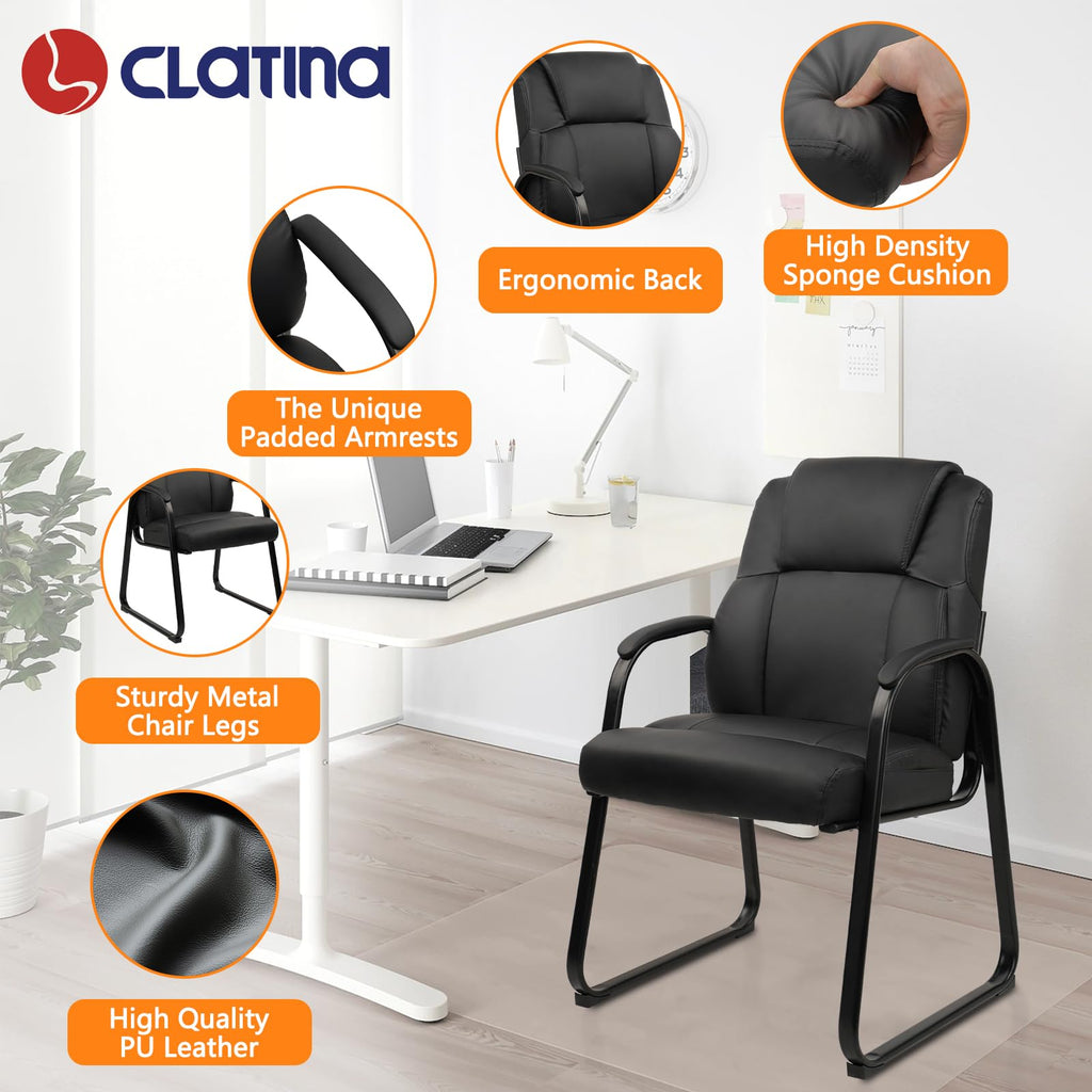 Clatina Leather Guest Chair with Padded Arm Rest for Reception Meeting Conference and Waiting Room Side Office Home Black with Sled Base 6 Pack