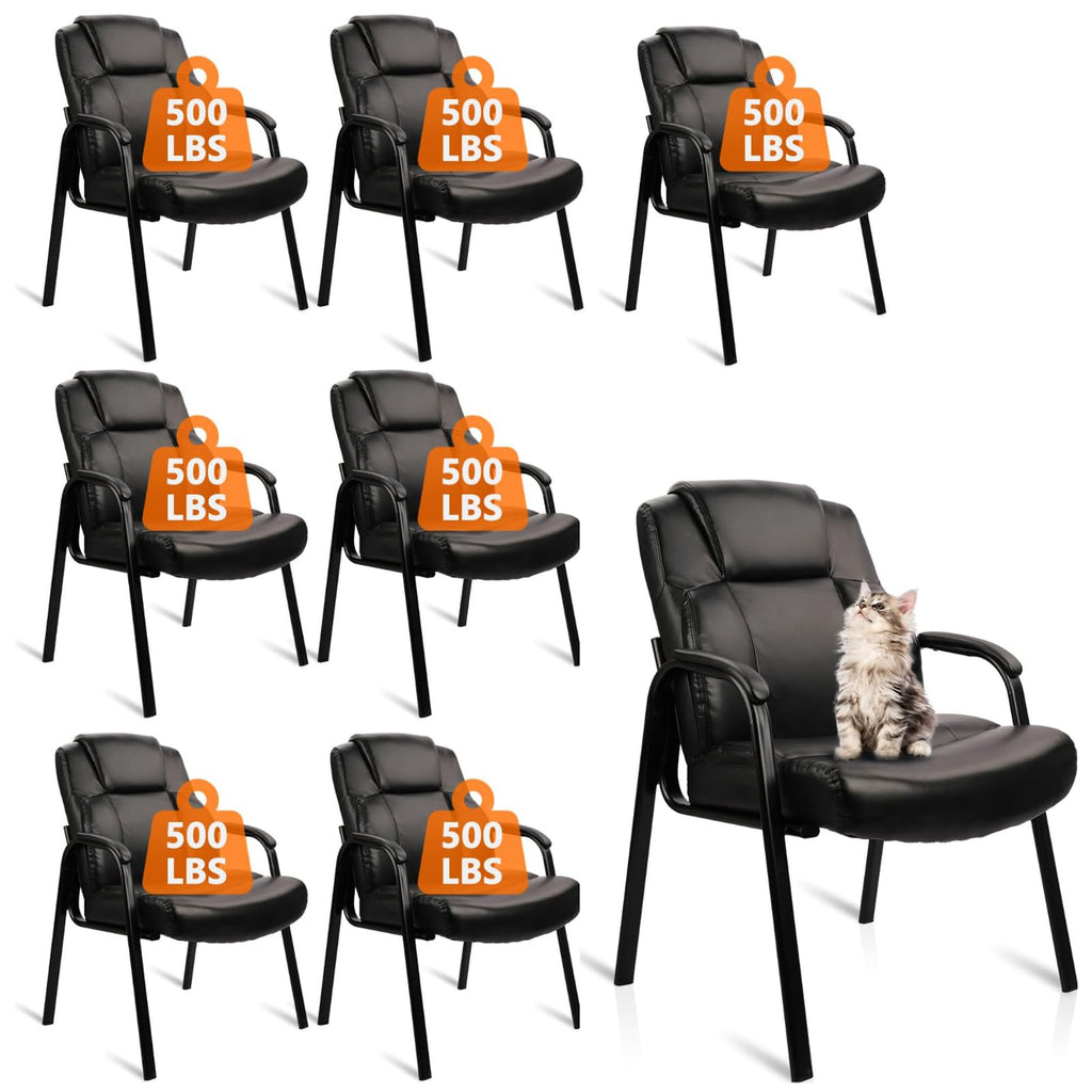 Clatina Big and Tall Office Chair Set of 8 500lbs Leather Reception Chair with Bonded Padded Armrest Wide Seat Desk Chair No Wheels for