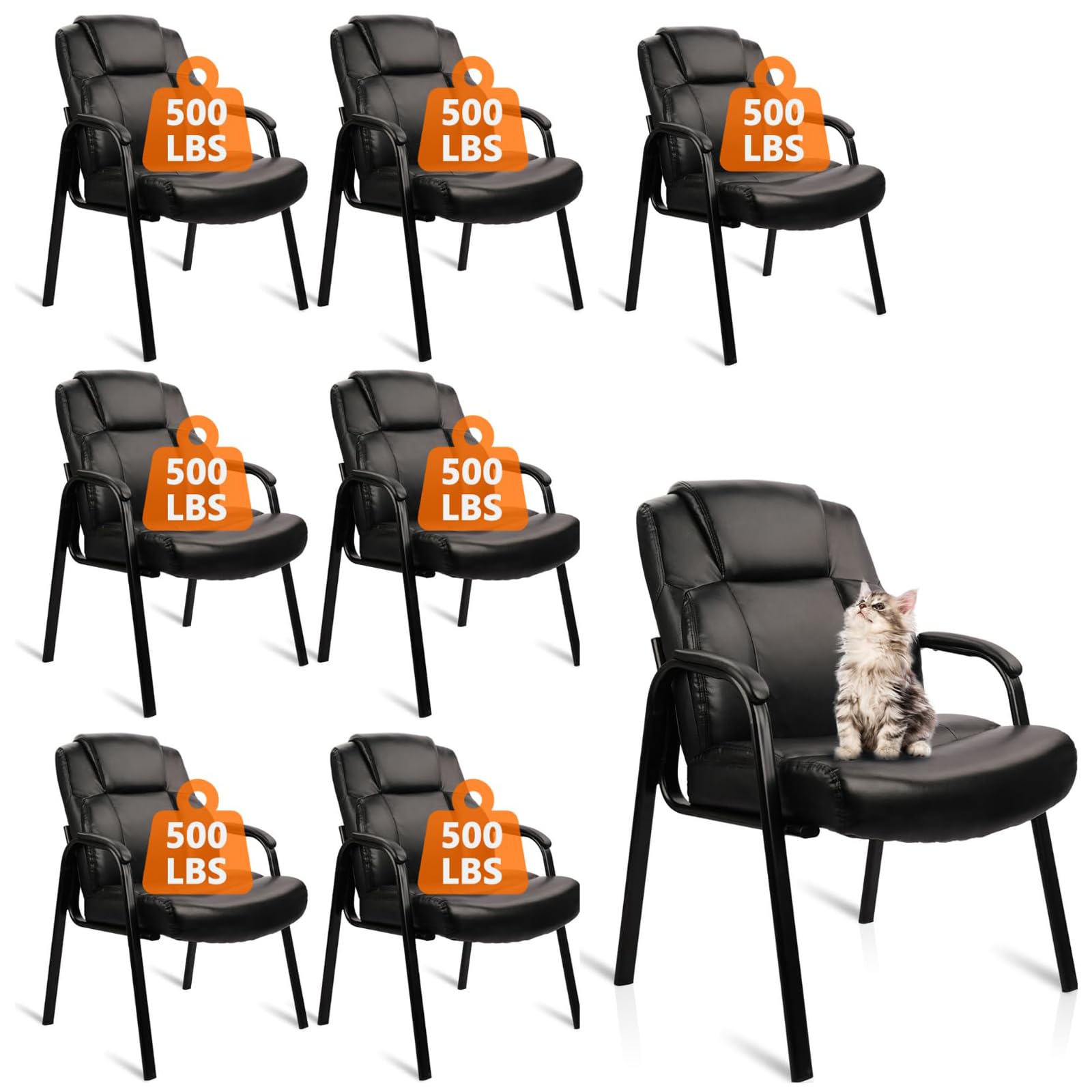 Clatina Big and Tall Office Chair Set of 8 500lbs Leather Reception Chair with Bonded Padded Armrest Wide Seat Desk Chair No Wheels for