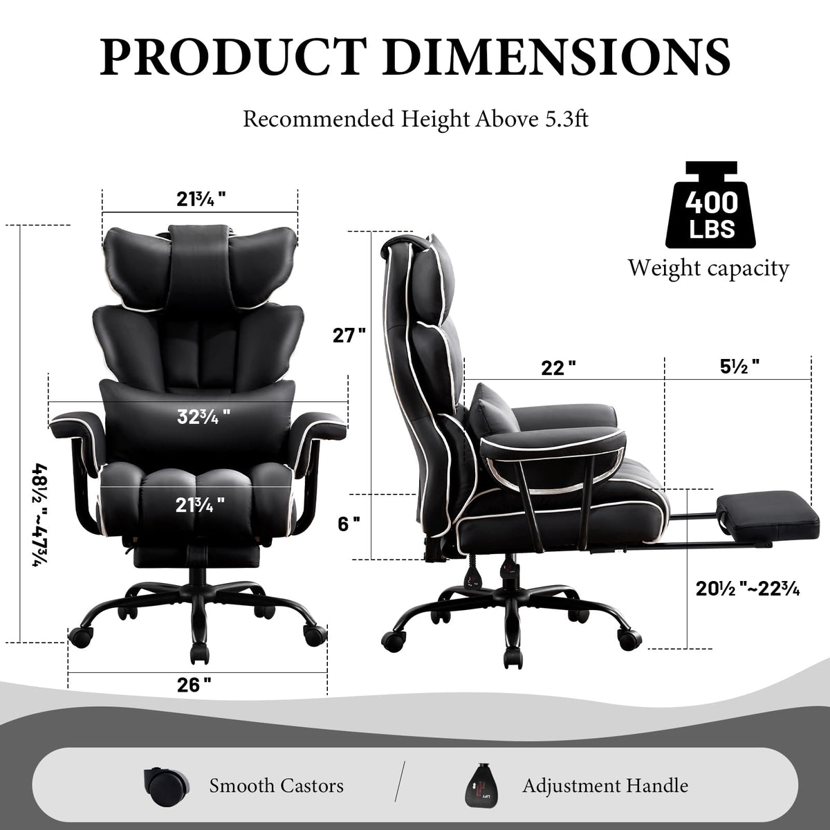 Furniliving Big and Tall Executive Office Chair- Ergonomic, Reclining Desk Chair with Footrest Lumbar Pillow, Height Adjustable Back Leather
