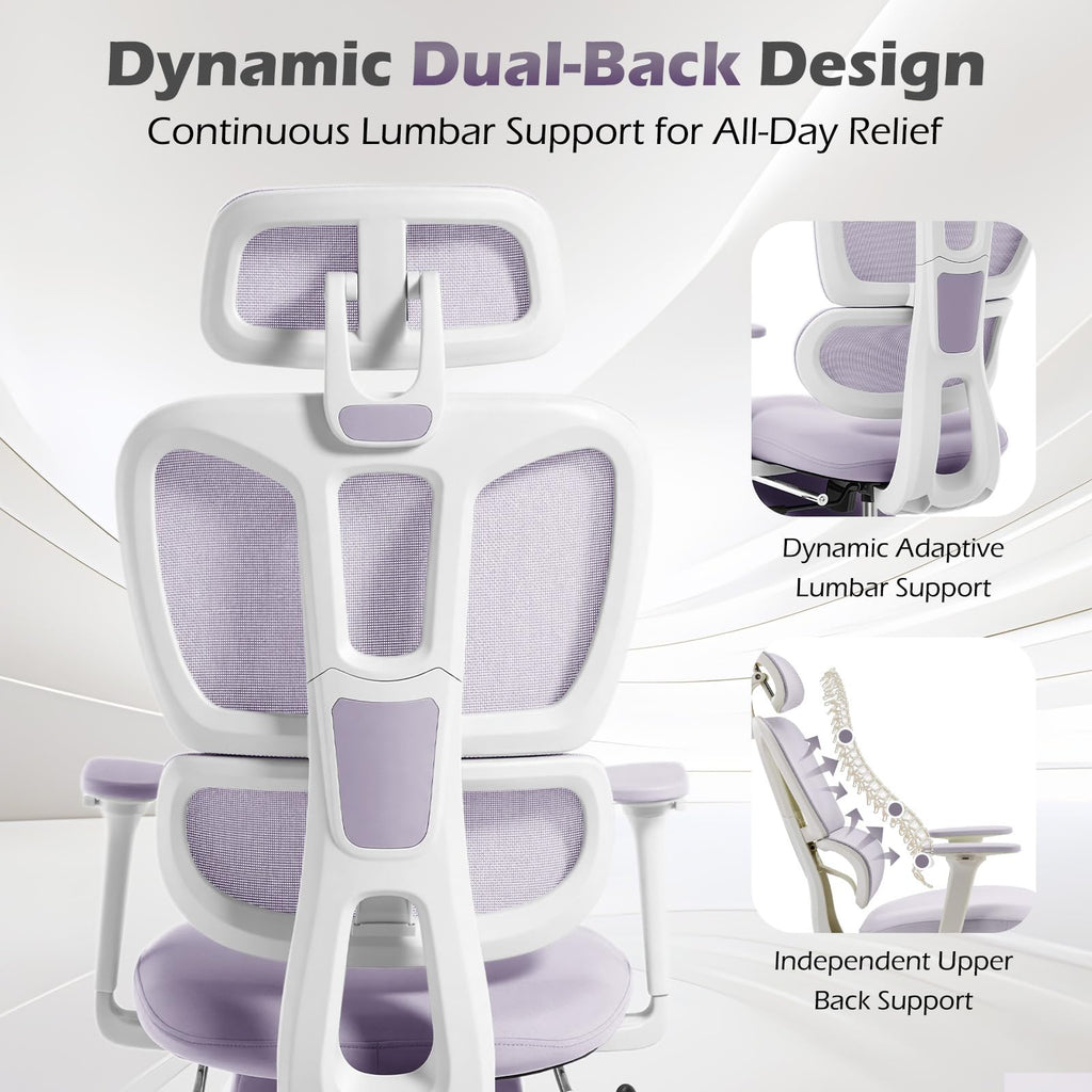 Ergonomic Office Chair with Footrest and Dynamic Lumbar Support, Purple, High Back