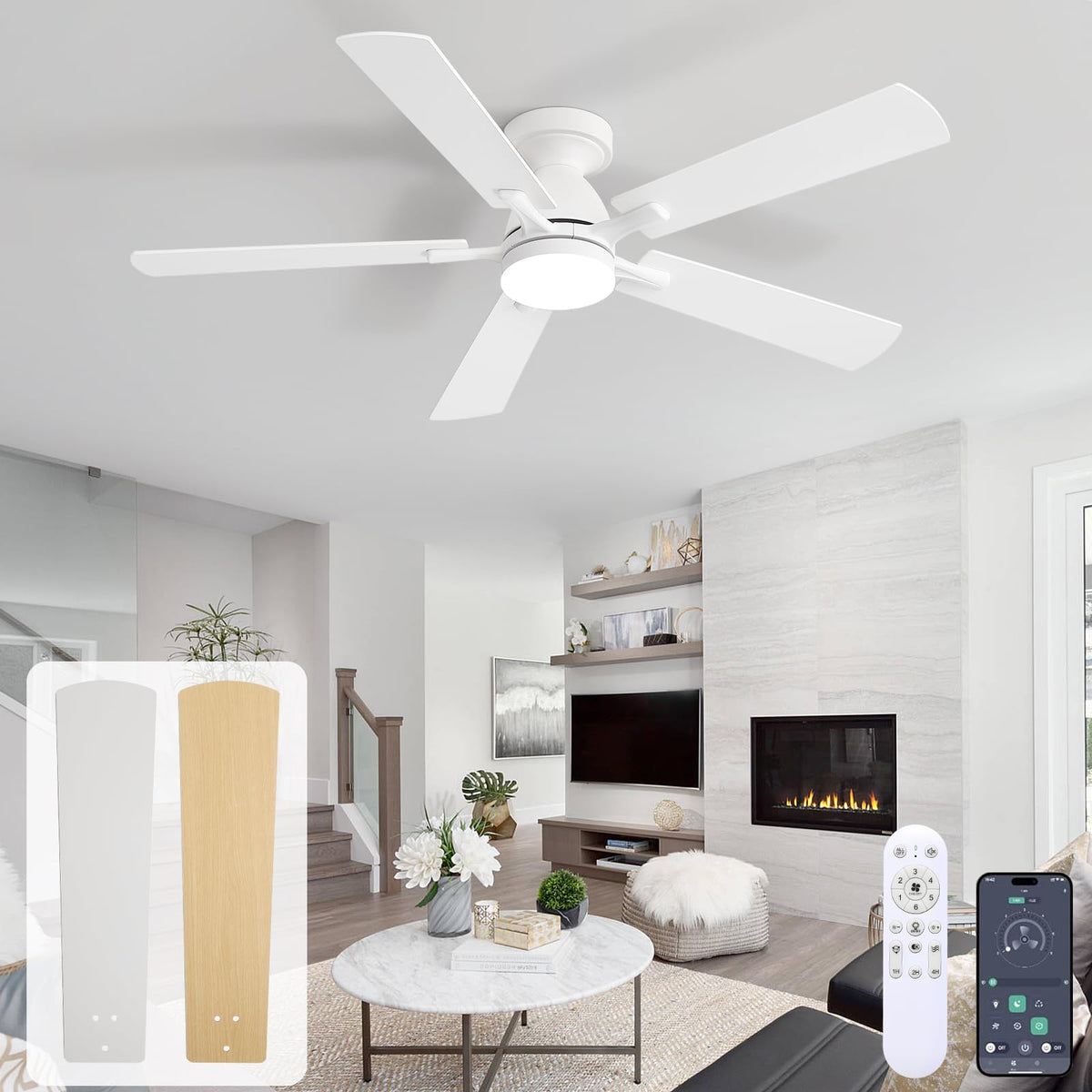 52 Inch Ceiling Fan with Lights, White Modern Low Profile Flush Mount Fan, App&Remote Control, Dimmable LED 3 Color Temperatures, Quiet Reversible DC Motor, 6 Speeds Timer for Bedroom LivingRoom Patio