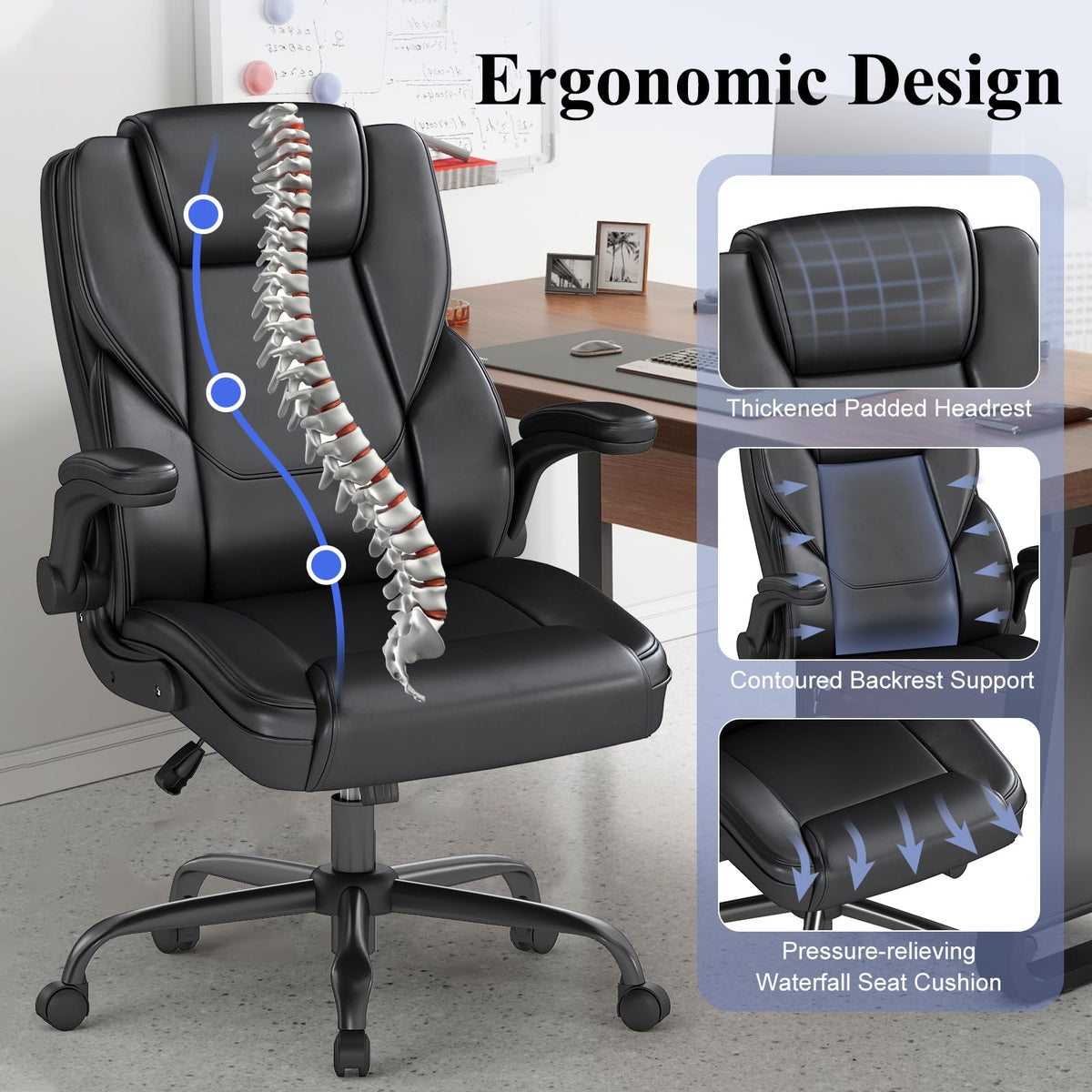 Keratee Ergonomic Executive Office Chair, Mid Back Pu Leather Computer Desk Chair with Flip-up Armrests, Lumbar Support, Rocking Function, 4pc,