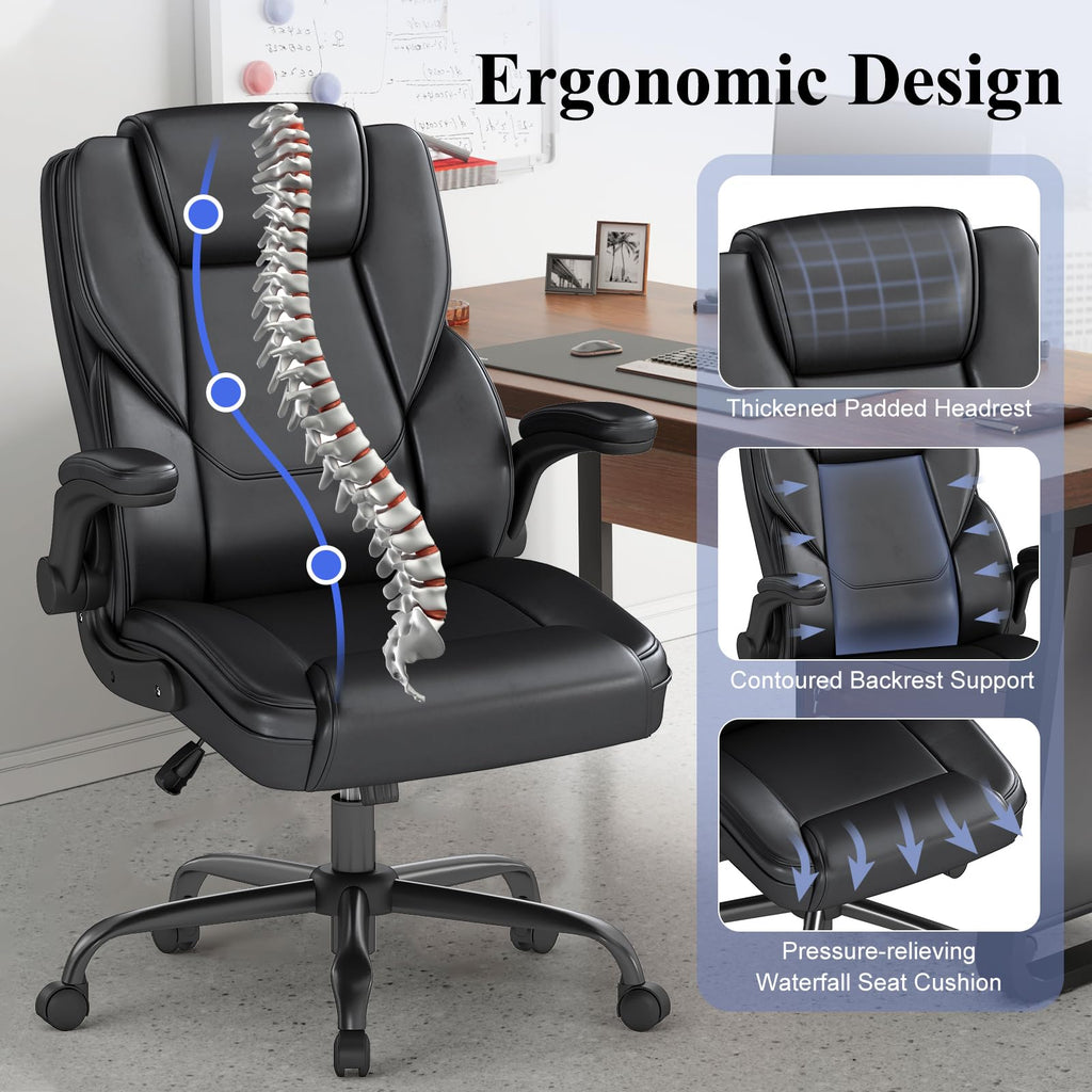 Keratee Ergonomic Executive Office Chair, Mid Back Pu Leather Computer Desk Chair with Flip-up Armrests, Lumbar Support, Rocking Function, 2pc,