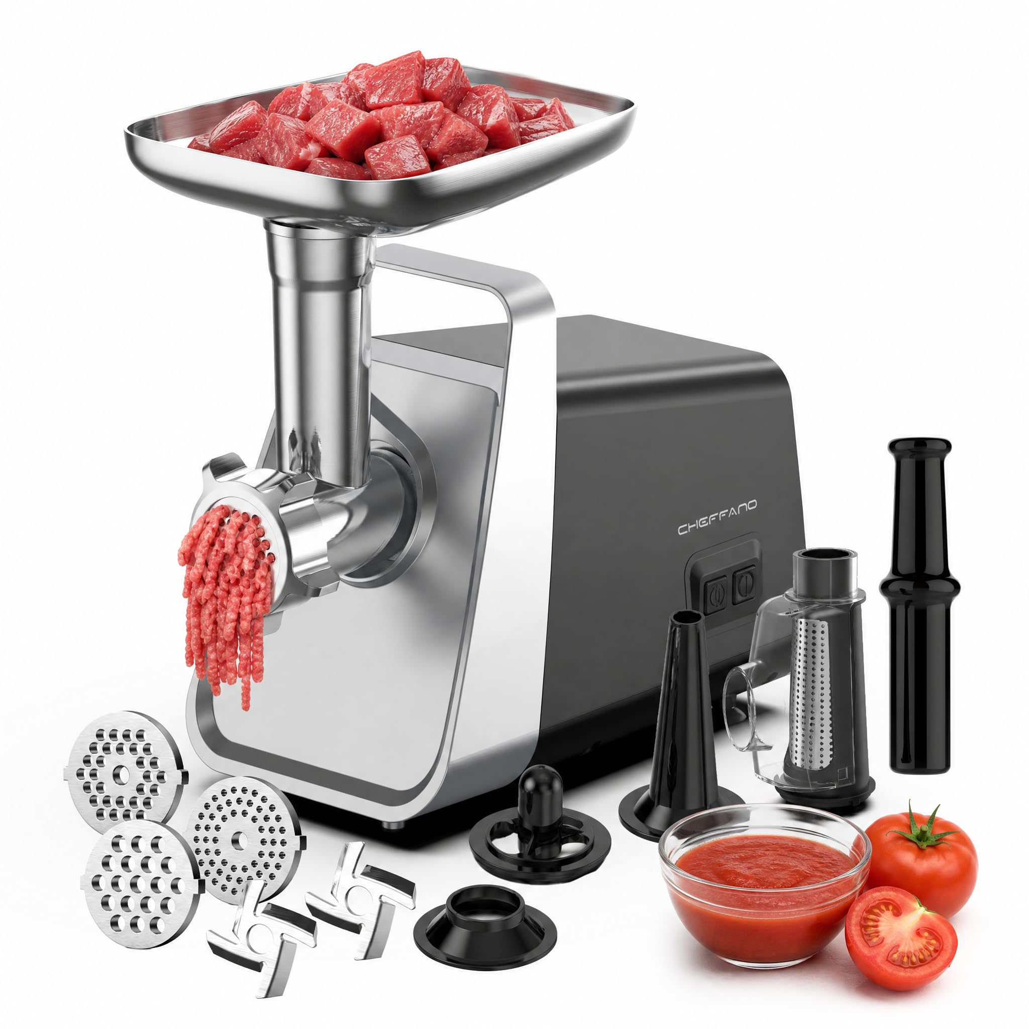 Electric Meat Grinder, Fruits & Tomato Sauce Maker with Strainer, Sausage Stuffer with Sausage Tube, 2 Blades, 3 Plates, Kubbe Kit, 2800W Max, Meat Mincer Heavy Duty for Home Kitchen
