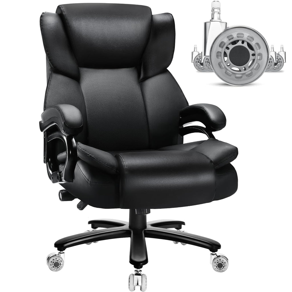 Indulgear 500lbs Big and Tall Office Chair with Dual Rubber Wheel, Heavy Duty Office Chair for Low Back Pain Relief, Large Executive Desk Chair