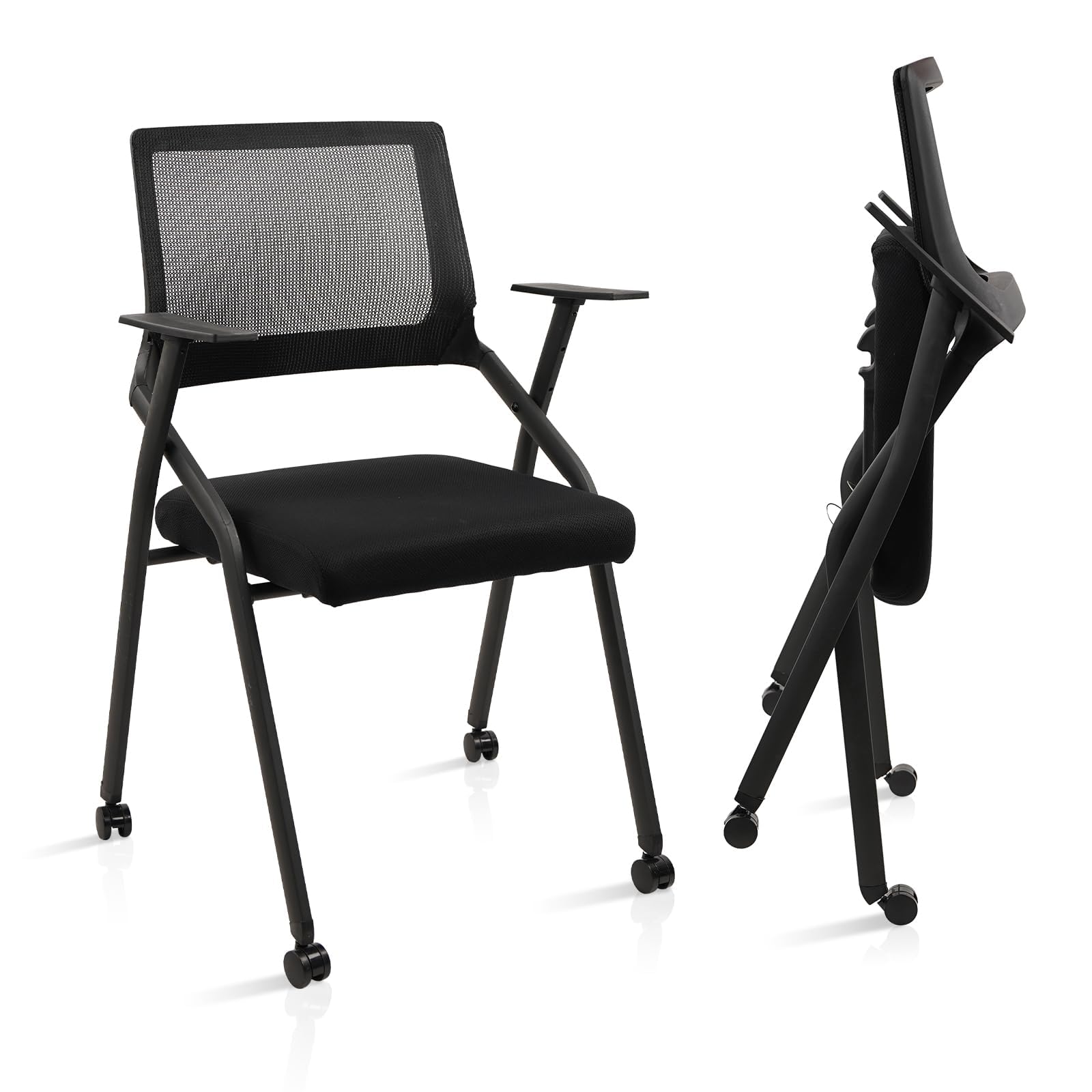Clatina Stackable Foldable Conference Room Chairs with Wheels, Portable Padded Office Desk Chair with Lumbar Support and Armrest for Training