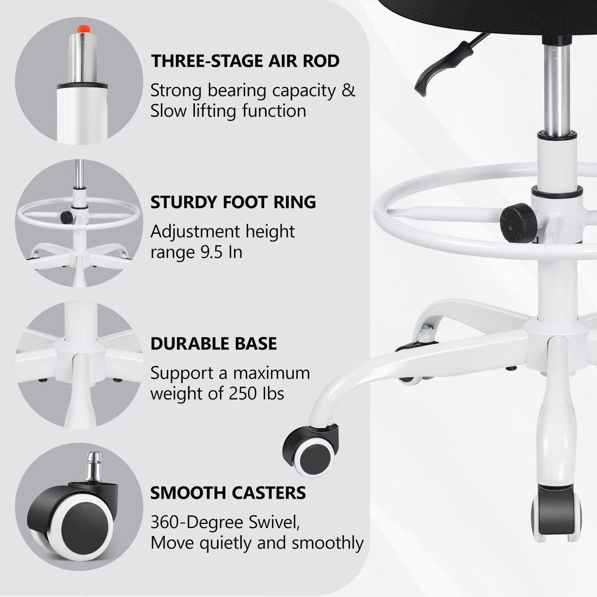 Primy Armless Mid-back Ergonomic Standing Desk Chair - Mesh Rolling Tall Chair, Adjustable Height and Footring, Art Room, Office or Home (white)