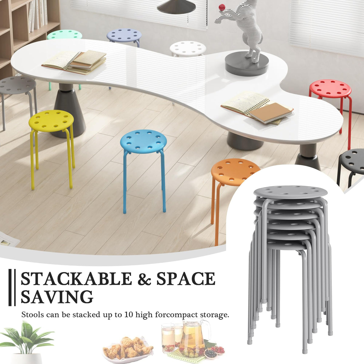 Vecelo 6-piece Stacking Stools, 17.7 Inch Standard Height, Portable Stackable Colorful Decoration Stools for School Classroom and Office Use,
