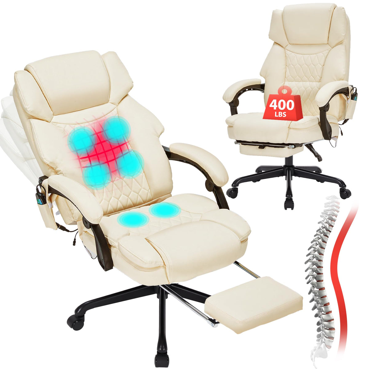 Massage Office Chair with Foot Rest 6 Points Vibration and Heat Home Office Desk Chairs for Heavy People 400lbs Reclining Managerial Chairs