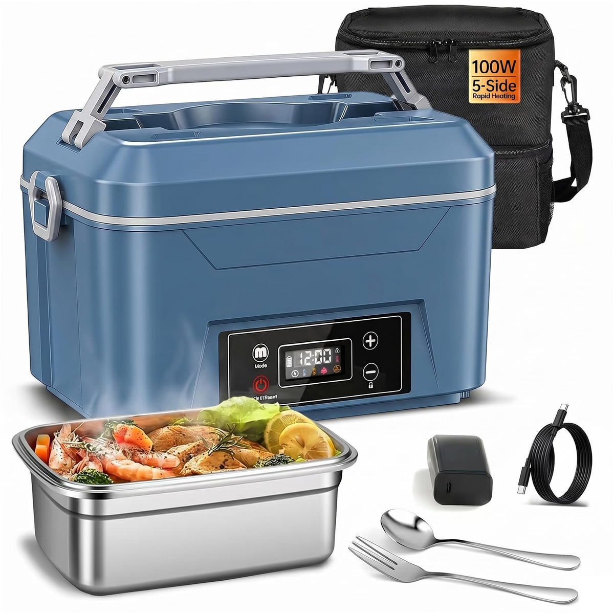 Cordless Electric Lunch Box for Adults, Heated Lunch Box Battery Powered with Automatic Heating, 5.5 Cups Portable Food Warmer with Carry Bag for Work & Travel(Blue)