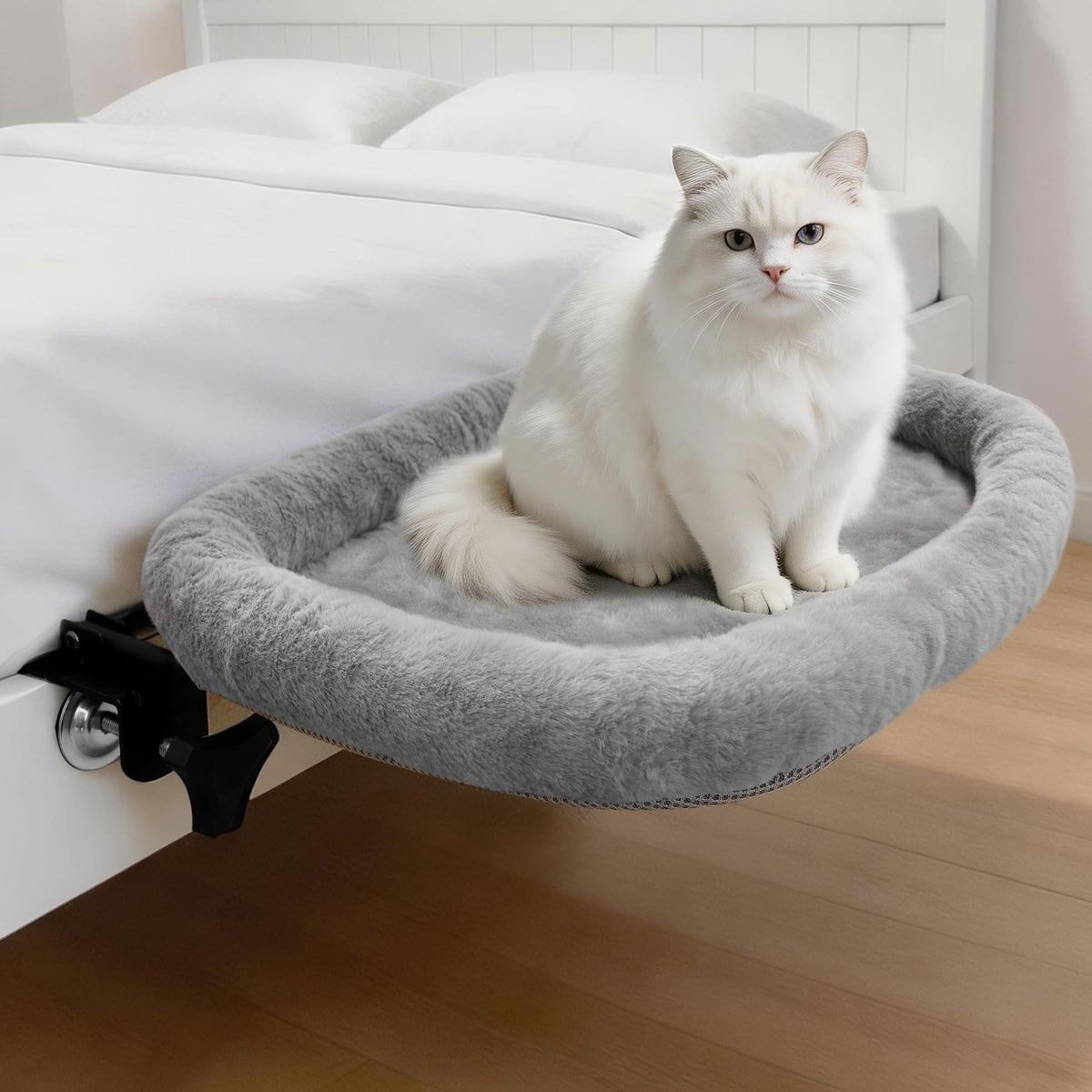 Cat Bedside Bed, Cat Bed Attached to Bed, Soft Fabric Foldable Cat Beds with Steel Clamp, Removable Washable Cover Cat Weights to 44lbs, Bedside Thick to 2.5 inches