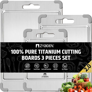 ZYBIDEAL 3Pcs 100% Pure Titanium Cutting Board with Grooves, Update Double Side Titanium Chopping Board, Silicone Anti-slip Stainless Cutting Boards Set for Kitchen