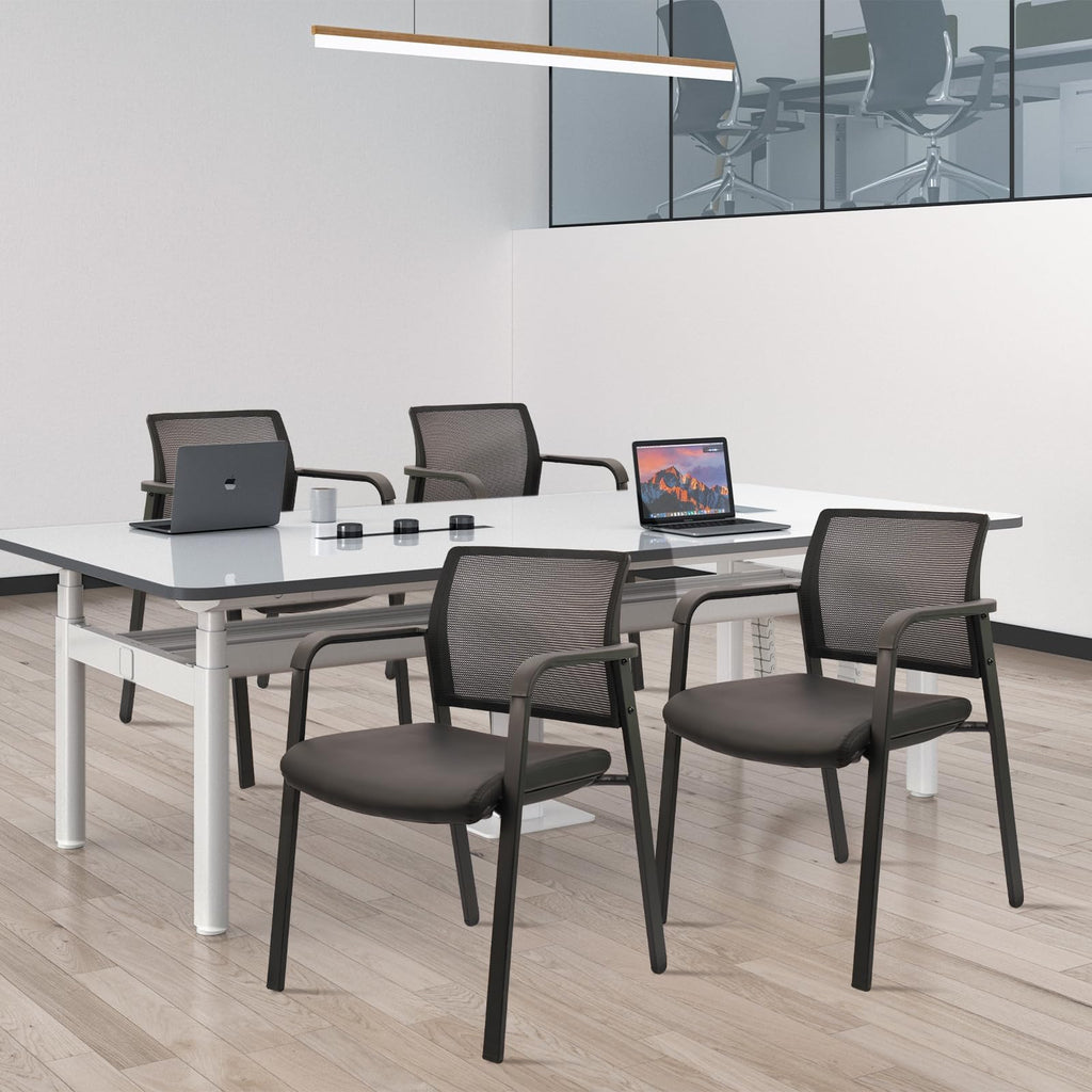 Clatina Stackable Office Chair, Mesh Back Guest Chairs with Comfortable Leather Seat Arms Stacking Ergonomic Desk Chair No Wheels for