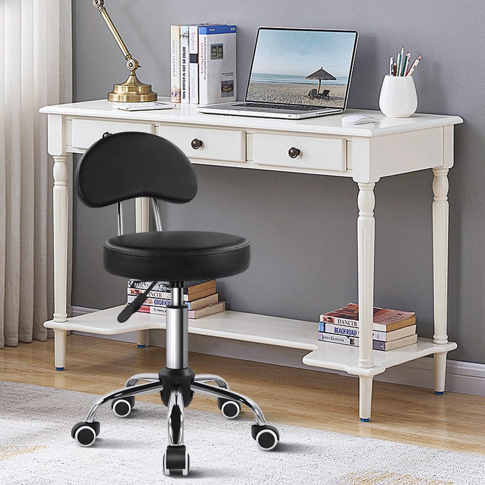 Kktoner Rolling Stool with Mid Back Height Adjustable Chair Pu Leather Swivel Chair with Wheels for Office Home Task Drafting (black)