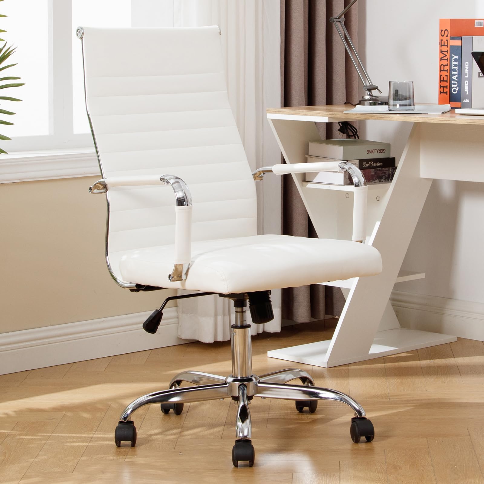 Haranuo Office Chair, Ergonomic Executive Conference Room Chairs, Ribbed Leather Desk Chair with Lumbar Support, Adjustable Height Mid-back