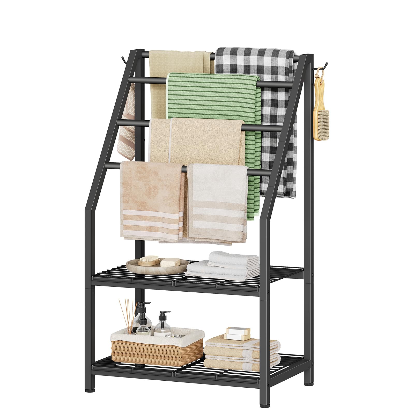 HOOBRO Freestanding Towel Rack with 4 Bars and 2 Mesh Shelves, 40" H Towel Holder Stand for Bathroom, Pool Towel Rack Outdoor, Industrial Style and Blanket Display Rack with Shelf, Black BK15LB01