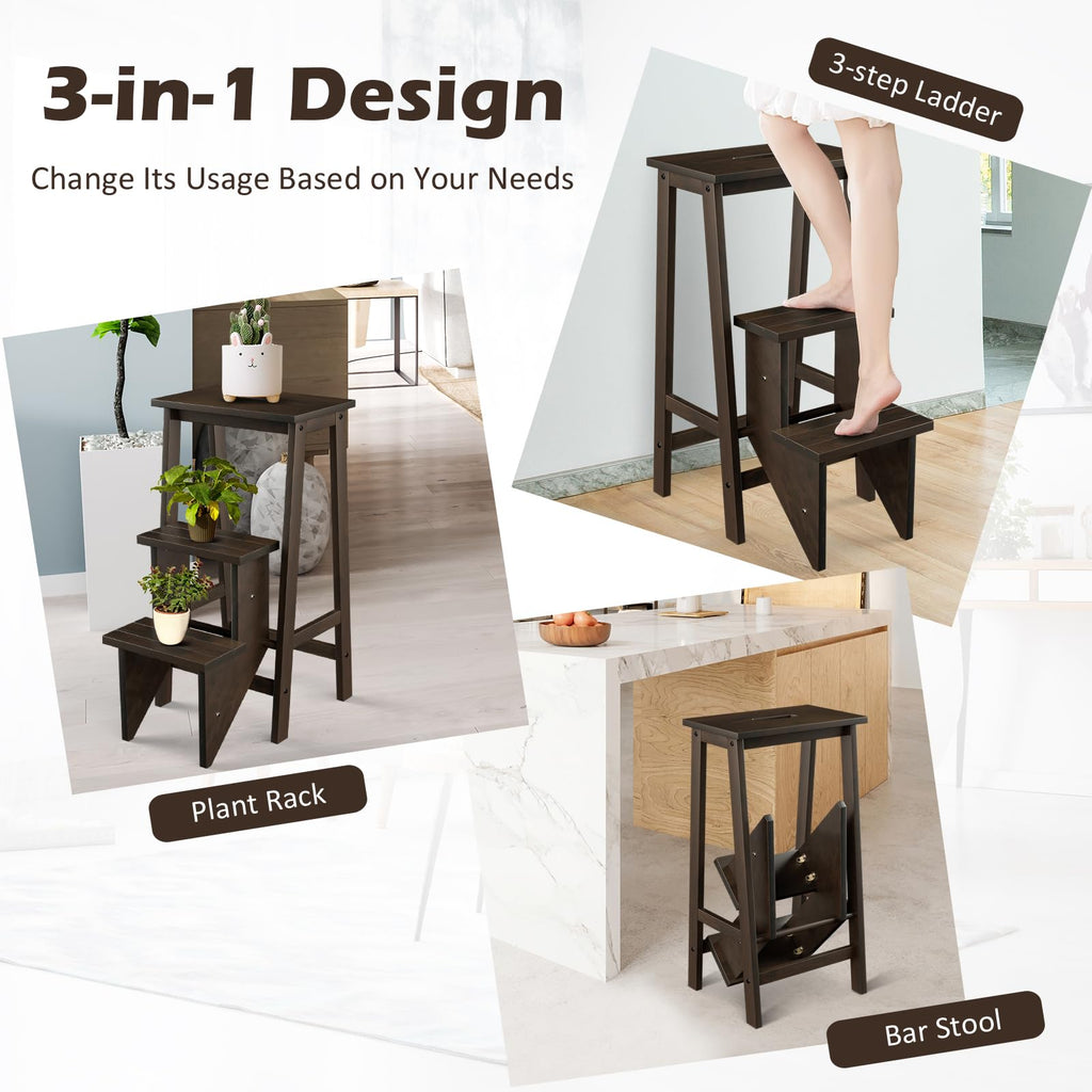 Costzon Folding 3 Step Stool, 3 in 1 Wooden Step Ladder with Handle, Non-slip Pedal, Multifunctional Storage Shelf, Flower Rack for Kitchen,