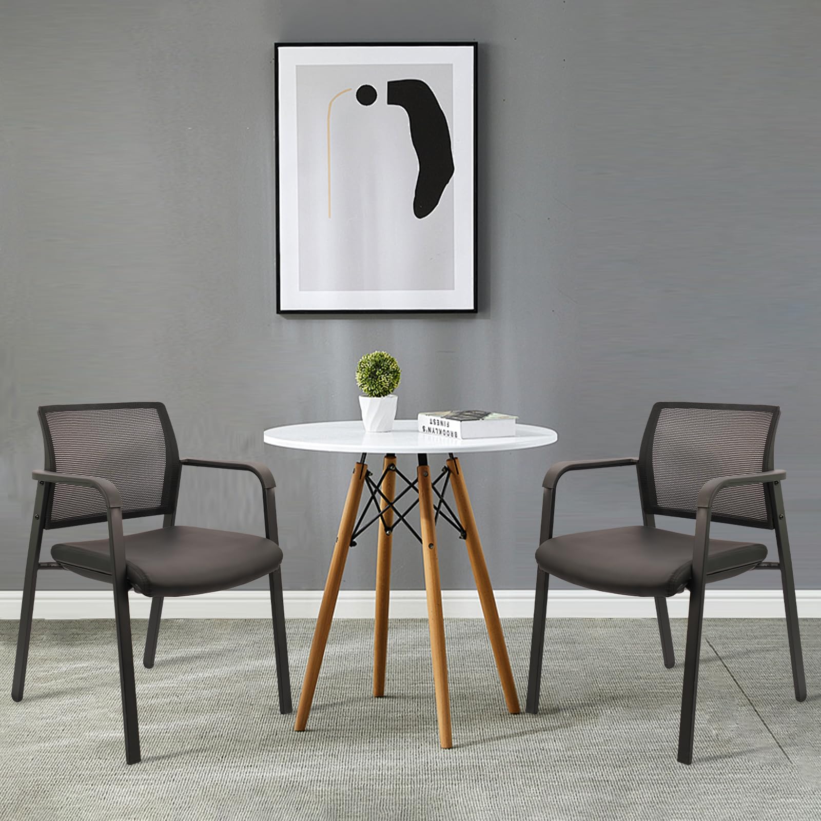 Clatina Stackable Office Chair, Mesh Back Guest Chairs with Comfortable Leather Seat Arms Stacking Ergonomic Desk Chair No Wheels for