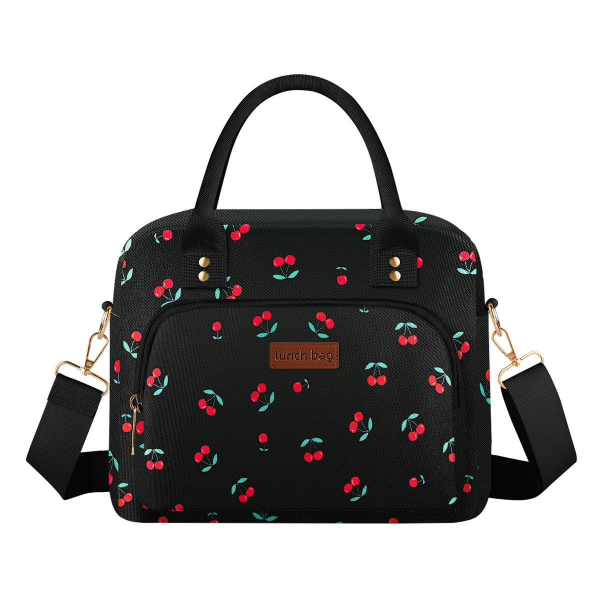 Lunch Bag Large Insulated Lunch Box for Women Men Adult Cute Cherry Lunchbox Lunch Bags Boxes Pail with Shoulder Strap for Work Mom Picnic Office Travel 11.4×6.8×9.1 inches 11.5L Black