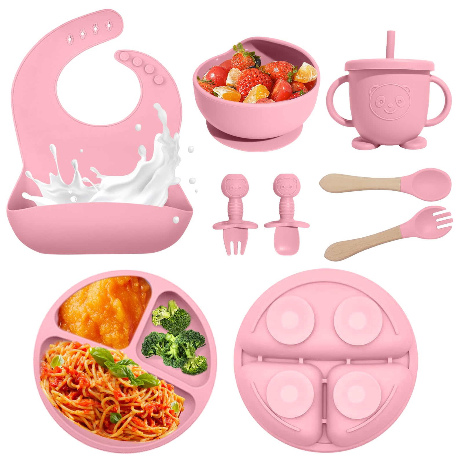 Baby Led Weaning Supplies, 8 Piece BPA-Free Silicone Feeding Set, Silicone Suction Bowl, Forks & Spoons, Bib & Cup, Develops Self Feeding Skills, Dishwasher Safe, for 6+ Months (Pink)