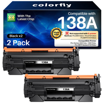colorfly 138A Toner Cartridge [with Chip] Replacement for HP 138a Black LaserJet Toner Cartridge W1380A 138A Black Toner Work with HP Pro 3001dw Pro 3001fdw MFP 3101fdw Printers