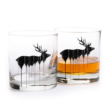 Black Lantern Whiskey Glasses Set of 2 – Elk Above Treeline Design 11oz Old Fashioned Glasses with Gift Box