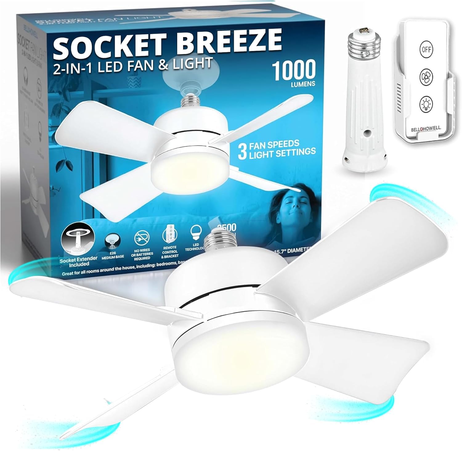 Bell+Howell Socket Breeze 15.4" Socket Fan Light, 5-Speed Deluxe Model – Portable Low Profile Ceiling Fans with Lights and Remote Control – For Bedroom, Kitchen, Living Room