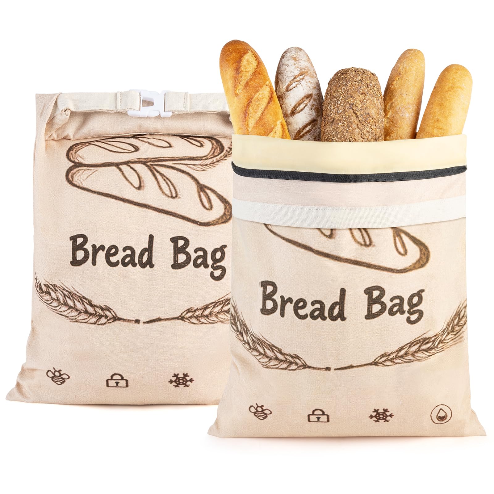 2-Pack Reusable Beeswax Bread Bags for Sourdough & HomemadeBread with Zipper, 16.5 x 13 inch bread bags for Food Storage