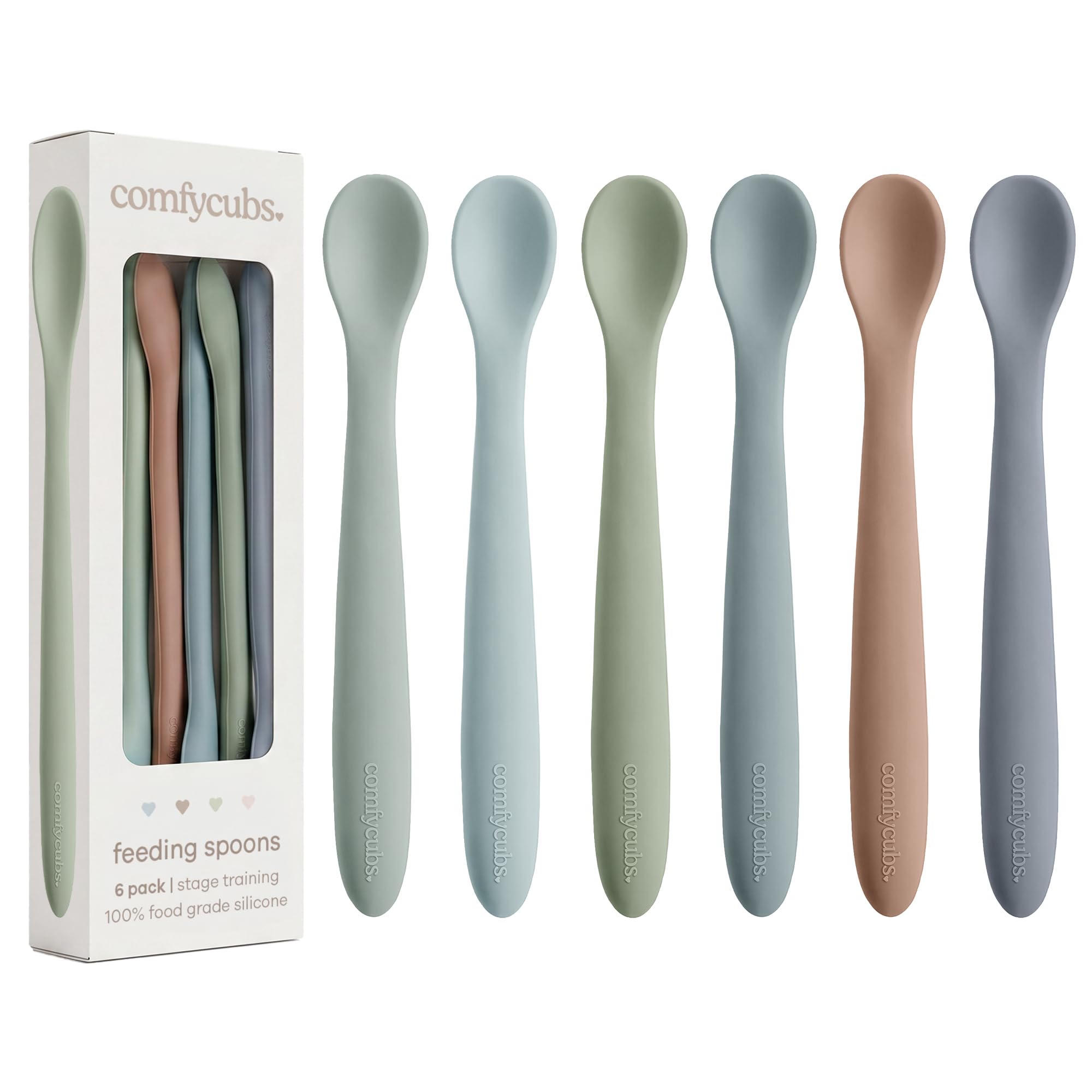 Comfy Cubs Silicone Baby Spoons Set 6-Pack, Ocean 6.46 x 0.95 in – BPA Free, Soft Gum-Safe Toddler Eating Essentials – Lightweight & Flexible Baby Spoons, Dishwasher Safe, Fun Utensils for Babies