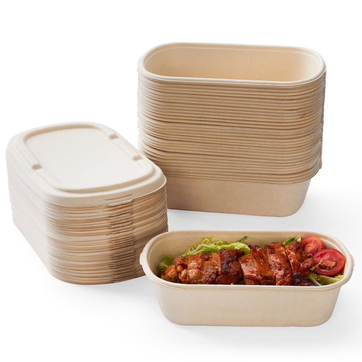 [100% Eco-Friendly] Disposable Food Containers with Lids – Sugarcane Pulp Take Out Boxes, Biodegradable, Compostable, Microwave Safe Lunch Containers – Pack of 50 (24 OZ)