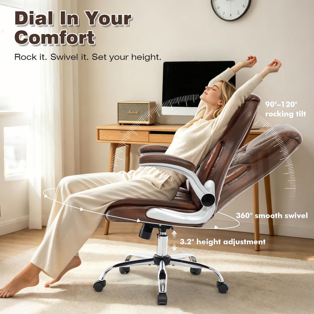 Reficcer Brown Leather Executive Office Chair with Flip Up Arm, 30.7 x 22.83 x 13.77 inches