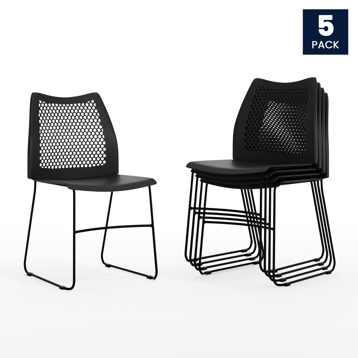 Flash Furniture Hercules Series Contoured Lobby Chairs with Air-vent Honeycomb Backs, Ergonomic Stacking Chairs for Offices, Set of 5, Black