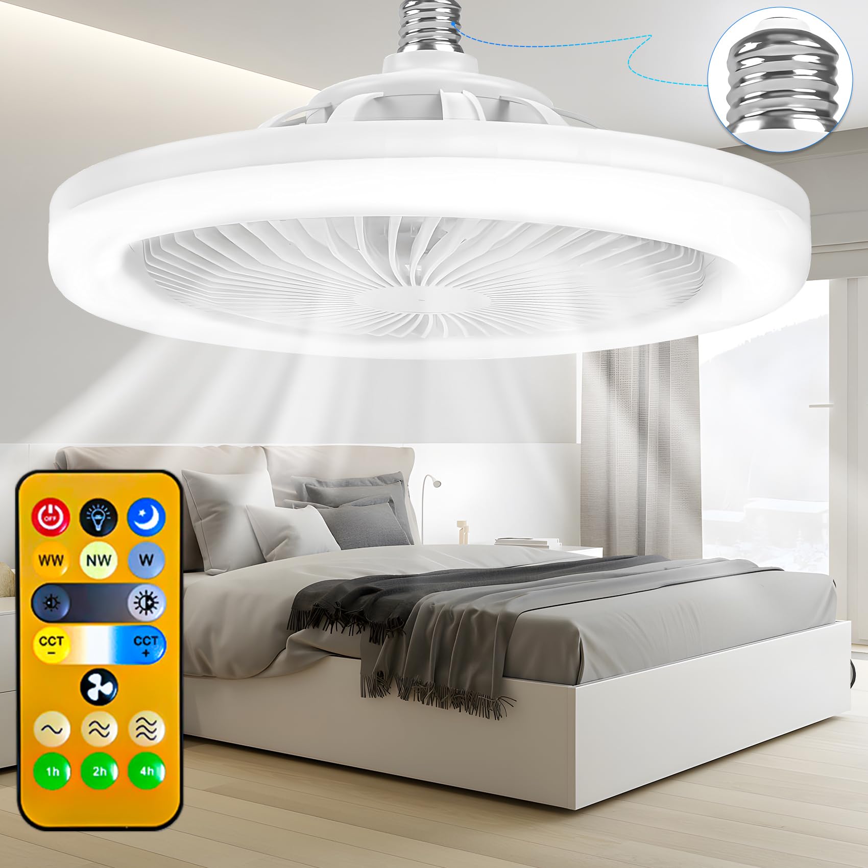 Socket Fan Light with Remote,10" Small Ceiling Fans with Lights, 2000 Lumens Dimmable Led Bulb, 3 Colors 3000K-6500K, Easy Install Screw in E26 Base for Bedroom Living Room Kitchen Garage