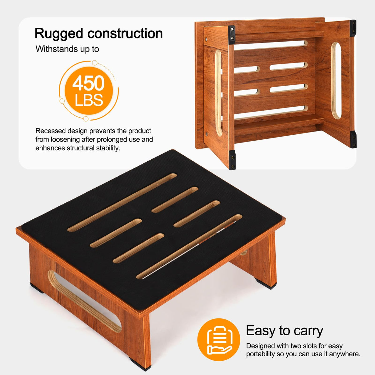 Wooden Step Stool with Non-slip Rubber Feet Step, Heavy Duty Platform Stepping Stools with 450 Lbs Capacity for Bedroom Kitchen Bathroom, Bed