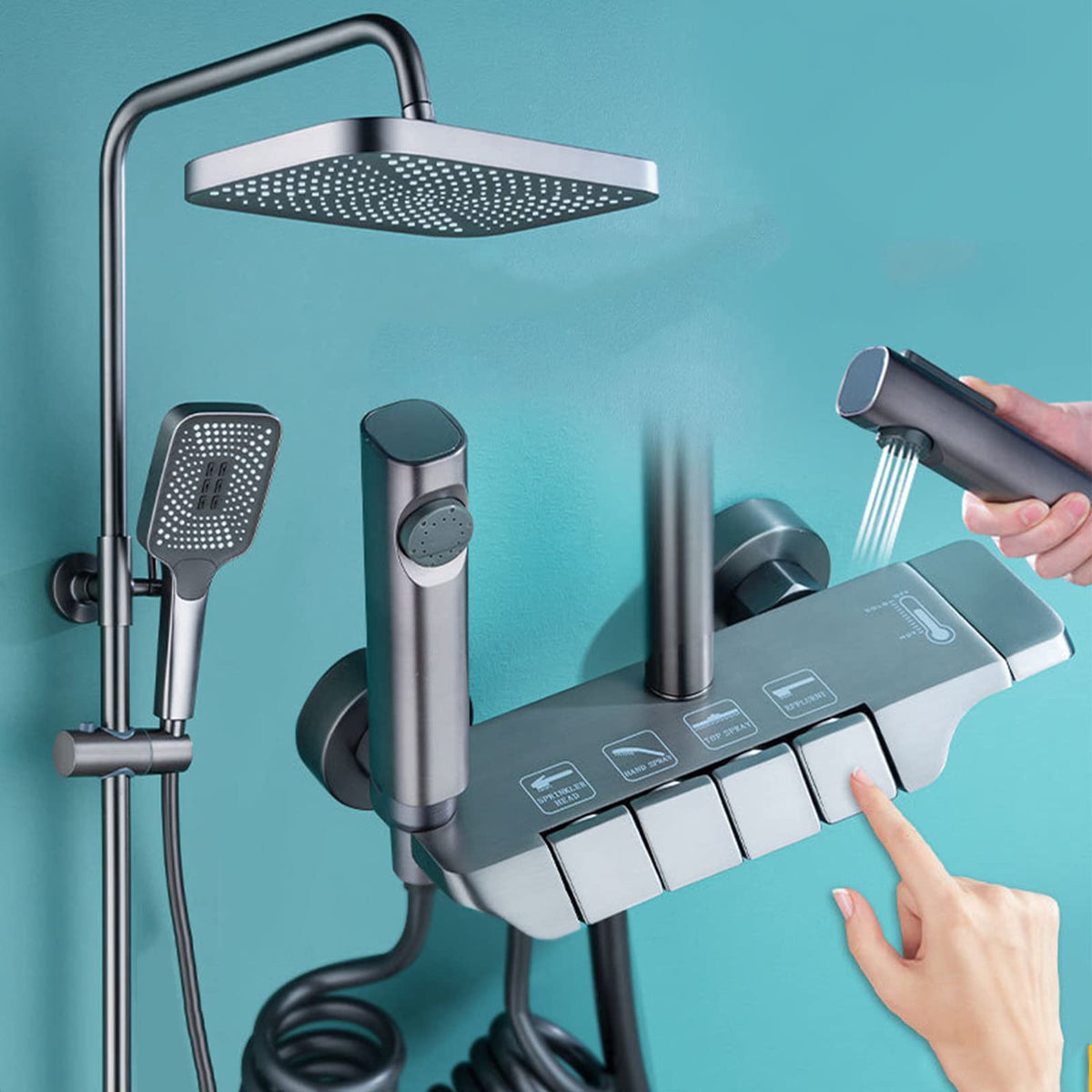 Gray Shower System Shower Set Bathroom Hot and Cold Mixer Shower Faucet Wall Mounted Shower Fixture Combo Set with 13"" Rain Shower Head and 3-Setting Handheld Shower