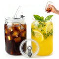 Leakproof Glass Cups with Plastic Lids and Straws, 16oz Iced Coffee Cup, Drinking Glasses Tumbler for Water, Boba Tea, Smoothie - 2pcs