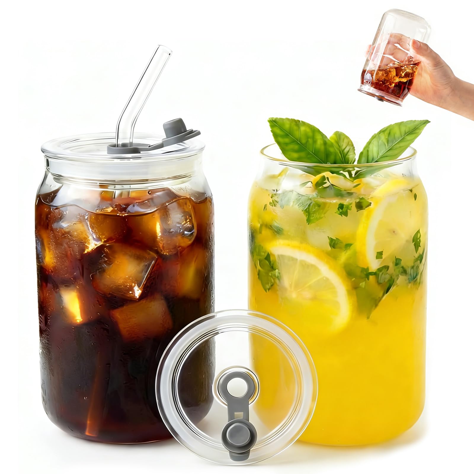 Leakproof Glass Cups with Plastic Lids and Straws, 16oz Iced Coffee Cup, Drinking Glasses Tumbler for Water, Boba Tea, Smoothie - 2pcs