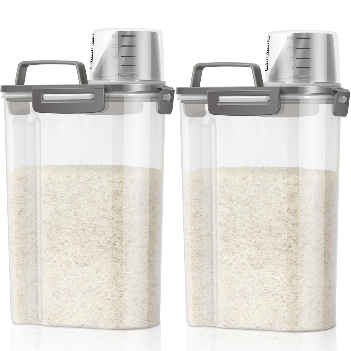 Rice Container Cereal Storage Container 2 Pack 5 Lbs, Kitchen Pantry Dry Food Storage Holder with Easy-Pouring Spout & Handy Cup, Small Pet Dog Cat Food Dispenser for Daily Feeding -Grey
