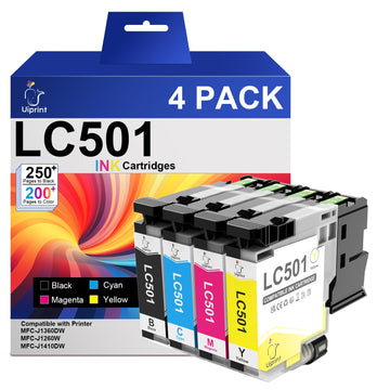 LC501 Ink Cartridges for Brother Printer MFC-J1360DW MFC-J1410DW | Compatible with Brother LC501 LC501XL Series Ink Cartridges LC5014PK 4-Pack Standard Yield (BK?250 Pages, C/Y/M?200 Pages)