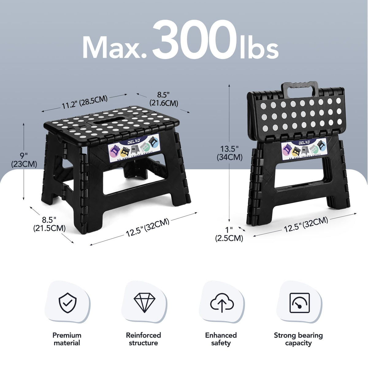 Delxo Folding Step Stool for Adults and Kids,extra-strong 13 Inch Step Stools Anti-skid Plastic Stepping Stool,upgraed Foldable Step Stool for