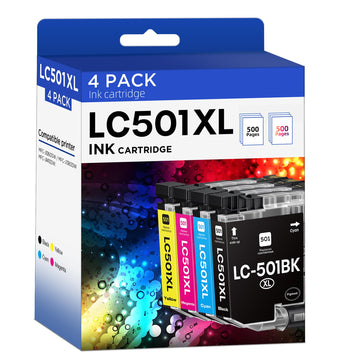 LC501XL Ink Cartridge High Yield Replacement for Brother MFC-J1410DW 4-Pack | LC501XL LC501 Compatible with MFC-J1260DW J1360DW J1410DW. 500 Pages Per Cartridge. Stable Quality Print Output (BK/C/M/Y)